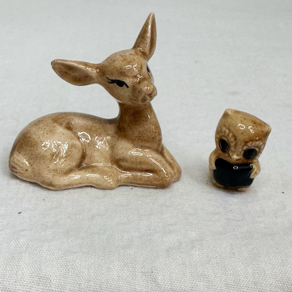 Vintage Ceramic Fawn & Owl Large Ears Brown Tan Deer Figurine Woodland Miniature